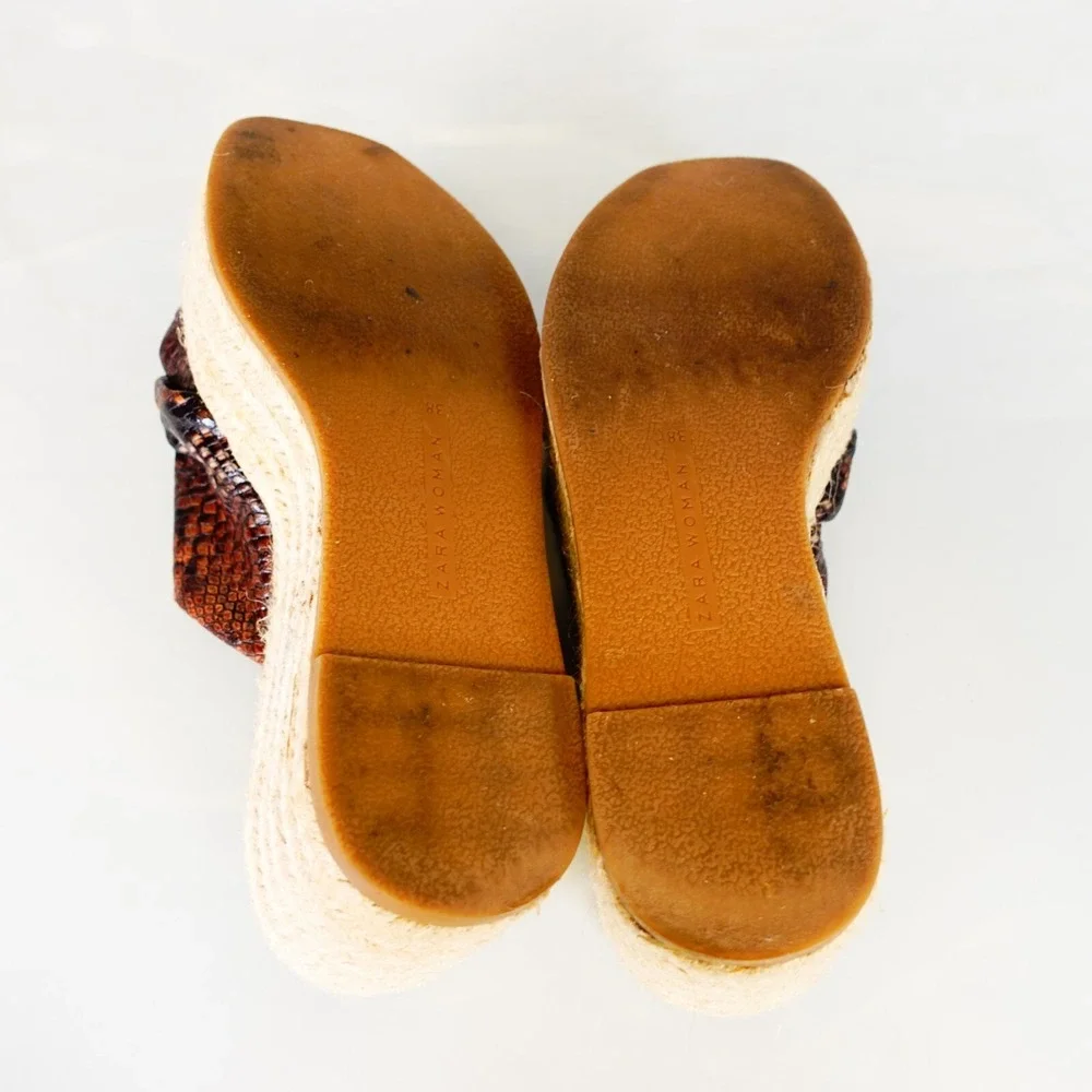 Zara Shoes Women Leather 38 Slip On Wedge Snakeskin Platform Espadrilles 7